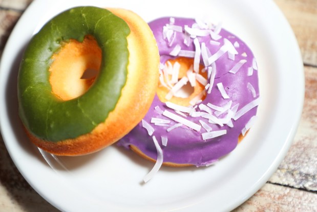 Matcha, left, and Ube, right, butter-mochi donuts from Third Culture Bakery. (Aric Crabb/Bay Area News Group)