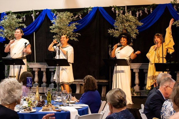 From left, Nick Nakashima, Phil Wong, Solona Husband and Melissa WolfKlain perform at TheatreWorks Silicon Valley's spring fundraiser "Blue Sky Bacchanalia" on May 5, 2024 at Hiller Aviation Museum in San Carlos. (Photo by Reed Flores)