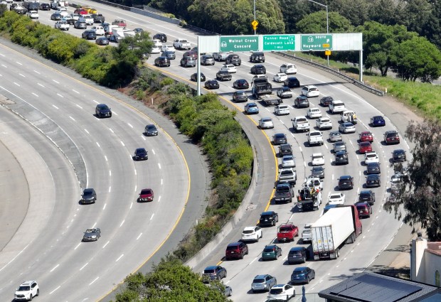 A drone view of traffic on Highway 24 eastbound heading towards the Caldecott Tunnel in Oakland, Calif., on Tuesday, April 30, 2024. (Jane Tyska/Bay Area News Group)