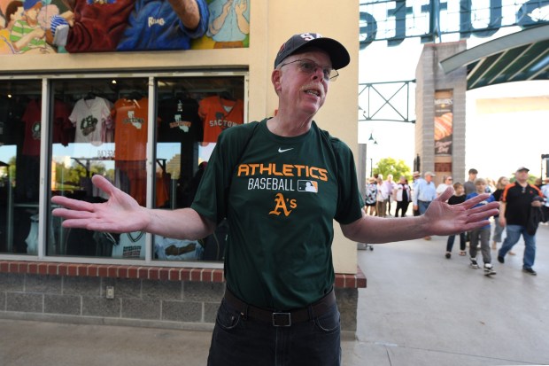 Long time A's fan Brian Smithey, of Sacramento, talks about the recent changes involving the Oakland Athletics while attending a game at Sutter Health Park in Sacramento, Calif., on Thursday, April 11, 2024. Smithey has been an A's fan since 1968. (Jose Carlos Fajardo/Bay Area News Group)