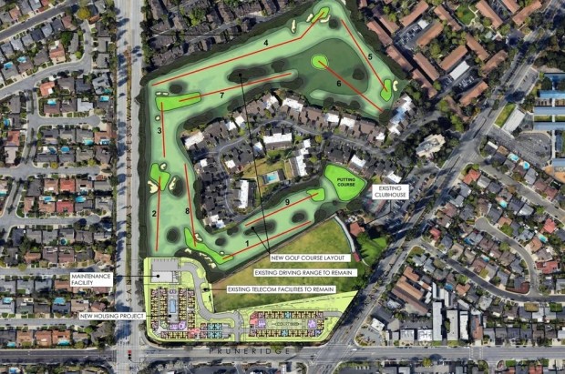 Site plan for The Greens at Pruneridge, a housing development and golf course revamp at 400 Saratoga Avenue in Santa Clara, concept. The new housing would be located on the south side of the development along Pruneridge Avenue. (Kenneth Rodrigues & Partners)