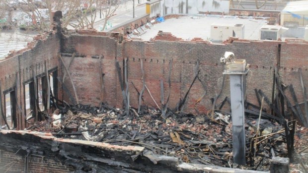 Fire-torched second floor of the Lawrence Hotel, a historic building at 79 East San Fernando Street in downtown San Jose, as seen in April 2024.(Jim Salata)