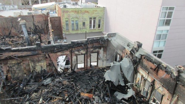 The burned-out second floor of the Lawrence Hotel, a historic building at 79 East San Fernando Street in downtown San Jose, as seen in April 2024.(Jim Salata)