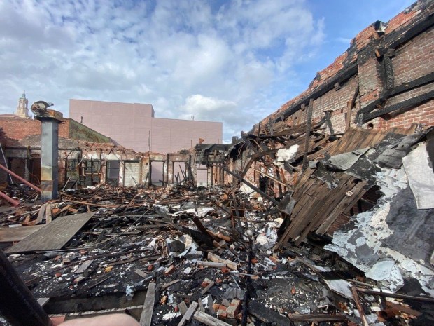 The fire-gutted Lawrence Hotel site, a historic building at 79 East San Fernando Street in downtown San Jose, as seen in Dec. 2023.....(Jim Salata)