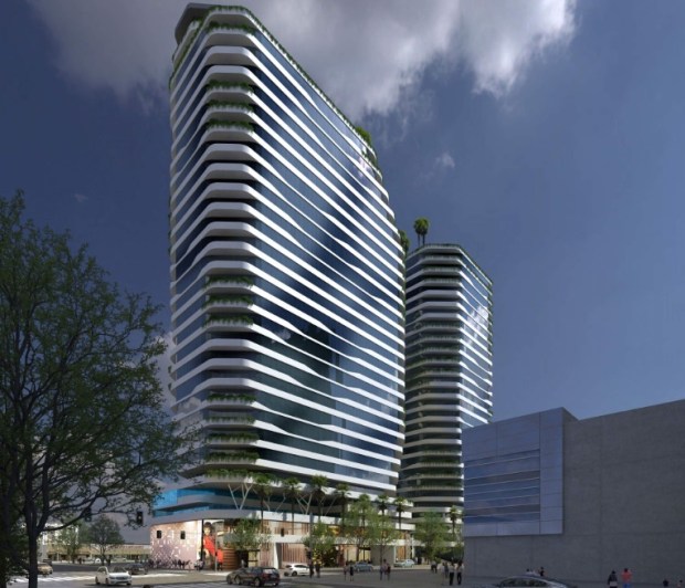 Street-level view of a 28-story housing complex with 529 housing units, located at 262 and 268 East Santa Clara Street in downtown San Jose, concept. The development also includes restaurant, retail and office space.(CORBeL Architects)