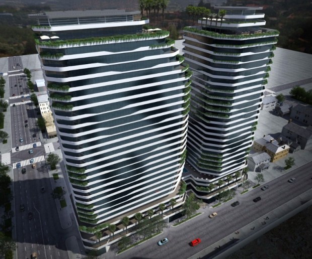 Elevated view of a 28-story housing complex with 529 housing units, located at 262 and 268 East Santa Clara Street in downtown San Jose, concept. The development also includes restaurant, retail and office space.(CORBeL Architects)