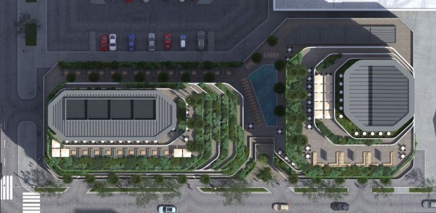 Overhead view of a 28-story housing complex with 529 housing units, located at 262 and 268 East Santa Clara Street in downtown San Jose, concept. The development also includes restaurant, retail and office space.(CORBeL Architects)