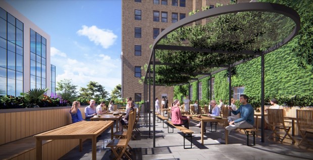 Outdoor dining and gathering areas on a terrace of the Bank of Italy historic tower at 12 South First Street in downtown San Jose, concept. (Bjarke Ingels Group)