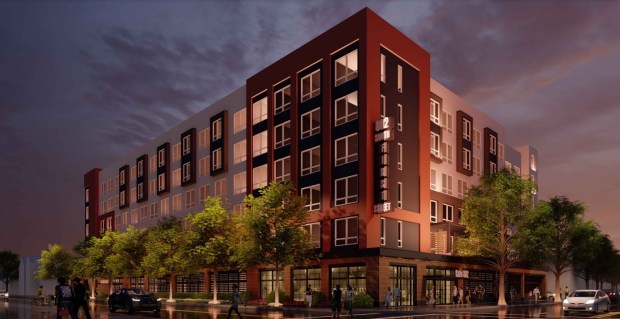 166-unit, six-story residential development with 1,500 square feet of ground-floor retail, located at 802 South First Street. at the corner of Virginia Street in San Jose, concept. (Architects Orange)