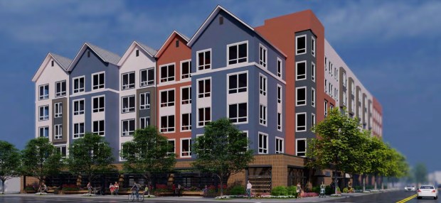 Six-story, 166-unit residential development with 1,500 square feet of ground-floor retail, located at 802 South First Street near the corner of Virginia Street in San Jose, concept. (Architects Orange)