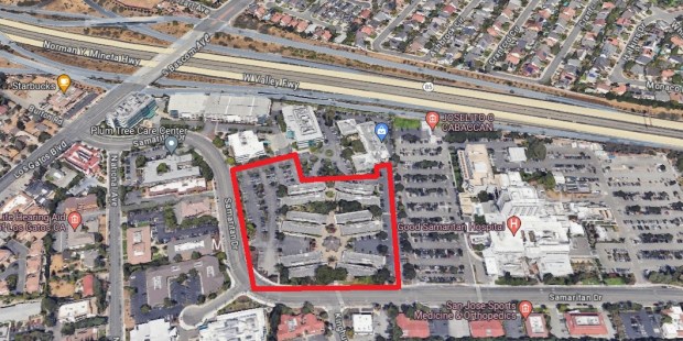 2505 Samaritan Drive in southwest San Jose, site of a planned development of new medical offices and a parking structure, shown within the outline. Boundaries are approximate. (Google Maps)