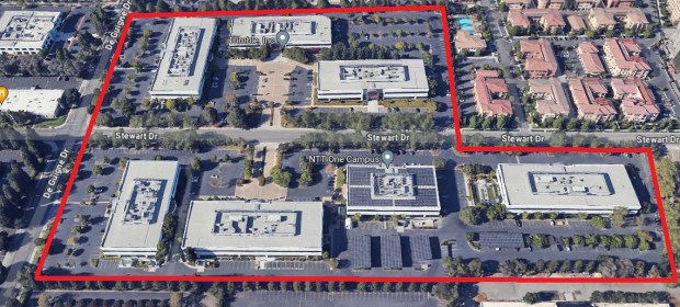 Sunnyvale tech campus consisting of seven office buildings near the corner of De Guigne Drive and Stewart Drive, shown with the outline. Boundaries are approximate. (Google Maps)