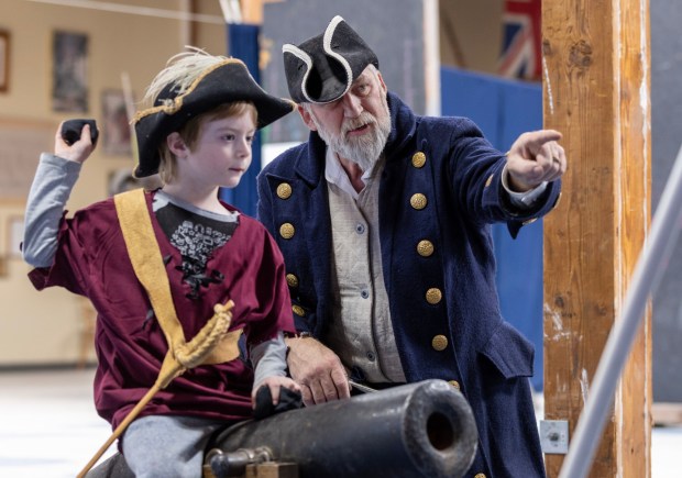 Steaphen Fick, founder of the Davenriche European Martial Arts School, offers James, a 7-year-old Make-a-Wish child, a chance to be a pirate, Friday, March 24, 2023, in San Jose, Calif. The school, created more than 20 years ago in San Jose, returned back to the city after years in Santa Clara. (Karl Mondon/Bay Area News Group)