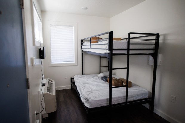 One of the rooms at Evans Lane, an interim housing site in San Jose, Calif., on Thursday, May 17, 2024. (Dai Sugano/Bay Area News Group)