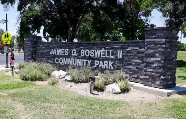 Signage at a park named after James G. Boswell II in Corcoran, Calif., on Friday, July 8, 2022. (Nhat V. Meyer/Bay Area News Group)