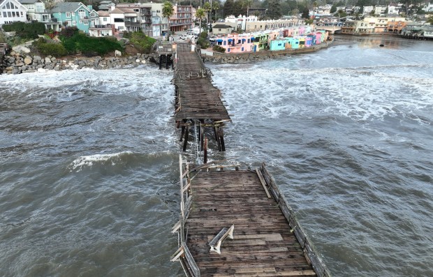 In an aerial view, damage is visible on the Capitola Wharf following a powerful winter storm on Jan. 6, 2023 in Capitola, Calif. (Photo by Justin Sullivan/Getty Images)