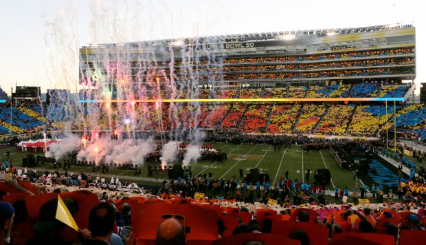 Fireworks explode over a colorful Super Bowl 50 halftime show in Levi's Stadium in Santa Clara, Calif., on Sunday, Feb. 7, 2016. (Jim Gensheimer/Bay Area News Group Archives)