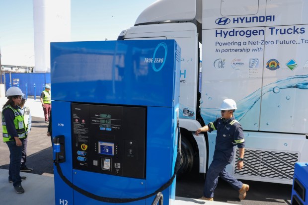 A Hydrogen fuel truck parked during a news conference rehearsal at the new Hydrogen fueling station True Zero operated by FirstElement Fuel in Oakland, Calif., on Wednesday, May 1, 2024. The Hydrogen fueling station is the first of its kind opened in the United States, near the Port of Oakland. (Ray Chavez/Bay Area News Group)