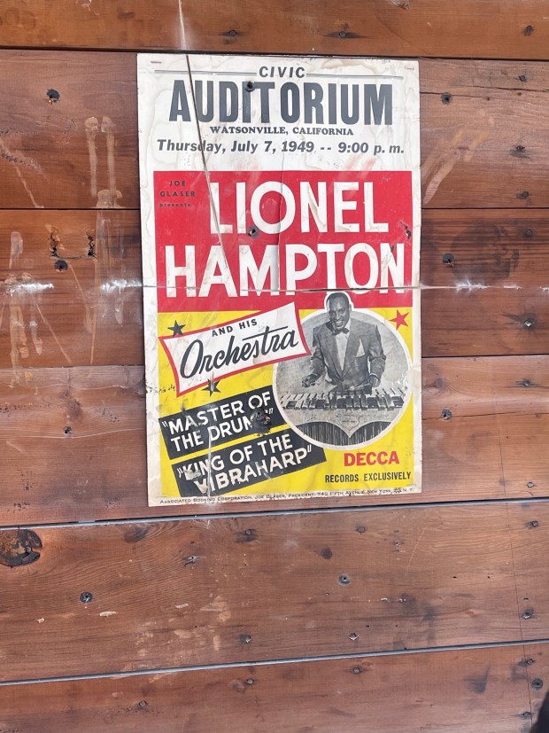 A poster advertising a jazz vibraphonist concert in Watsonville in 1949 was unearthed beneath a layer of stucco at Zelda's restaurant as crews worked to complete storm repairs. (Contributed - Josh Whitby)