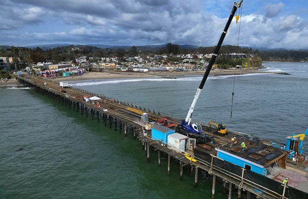 Demolition of the Wharf House Restaurant and Boat and Bait Shop on the Capitola Wharf began March 15, 2024. (Shmuel Thaler - Santa Cruz Sentinel)