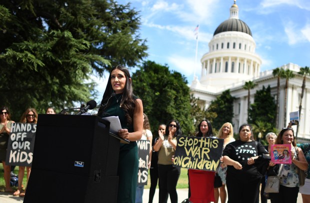 Chino Valley School board member Sonja Shaw speaks in front of the state Capitol on bills related to LGBTQ+ school curriculum in Sacramento. (Wally Skalij/Los Angeles Times/TNS)